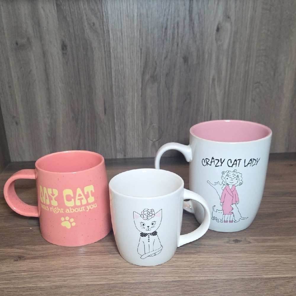 Set of Three Cat-Themed Coffee Mugs Cat Lady Lot Cat Cups Bundle